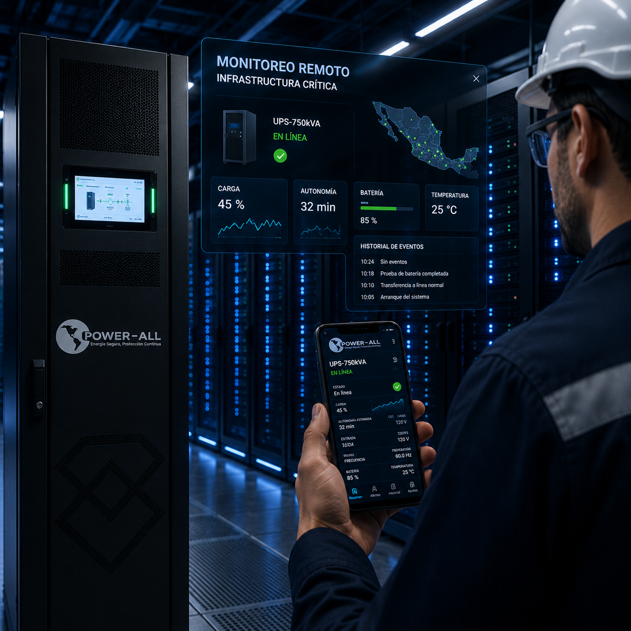 hombre monitoreando en tiempo real un ups modular